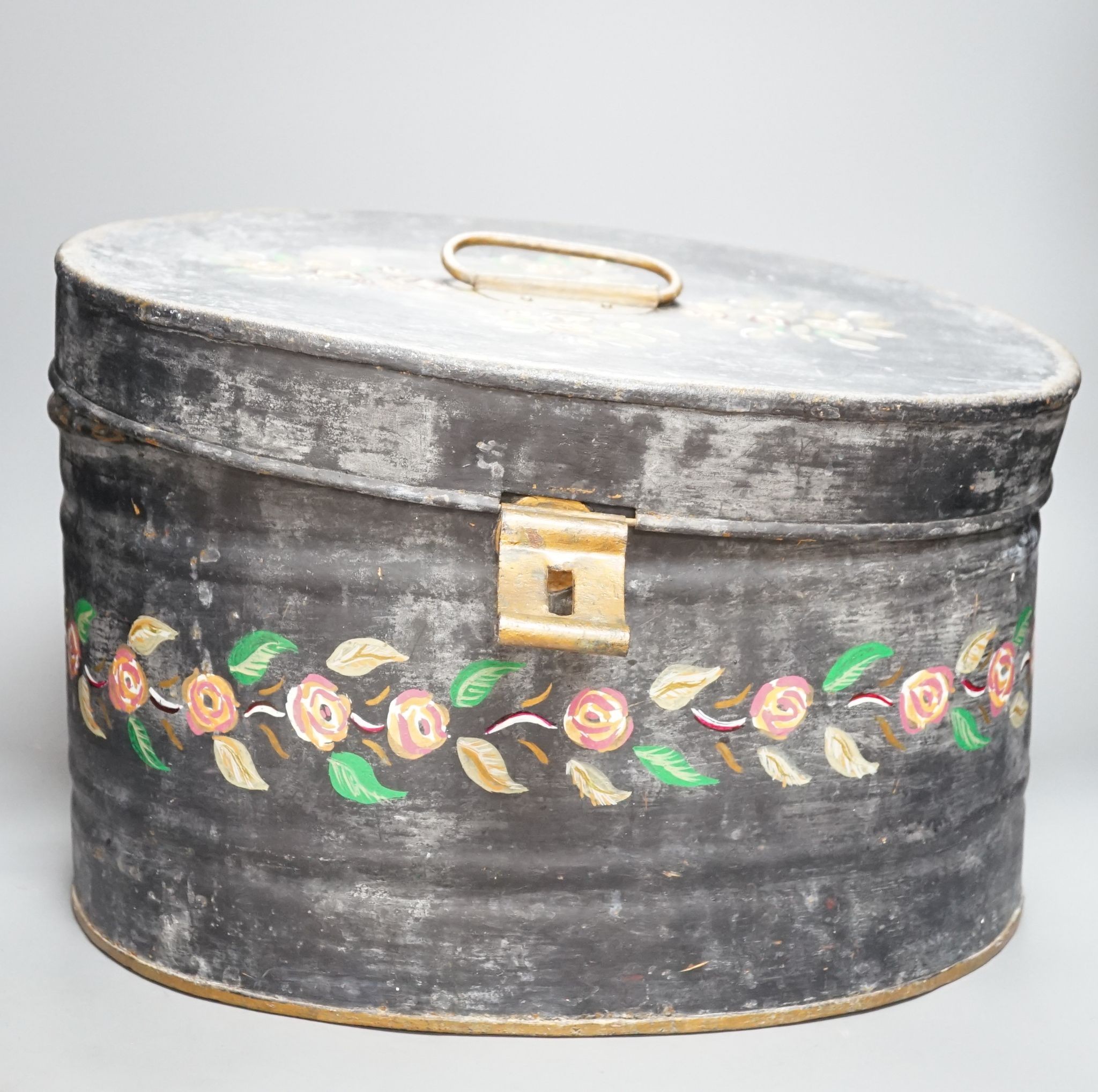 A painted toleware hat box, 44cm